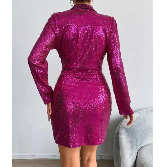 Luxe Hot Pink Sequin Long Sleeve High Waisted Ruched Party Evening Dress - Picture 3 of 5